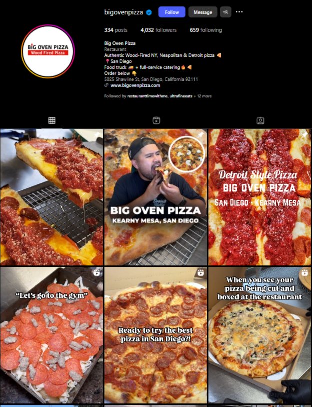 screenshot of the instagram account owned by Big Oven Pizza