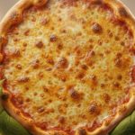 photo of a cheese pizza being held up in the sky by hands of the Grinch.