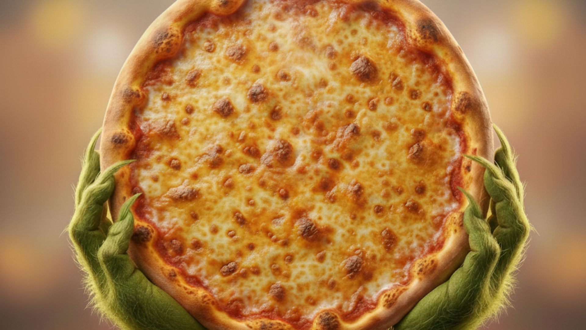 photo of a cheese pizza being held up in the sky by hands of the Grinch.
